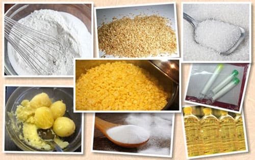 Nguyên liệu làm bánh rán miền Bắc gồm bột nếp, đậu xanh, dừa nạo và vừng trắng