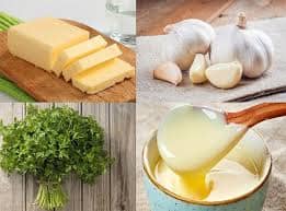 Nguyên liệu làm bánh mì bơ tỏi gồm bánh mì, bơ, tỏi và rau mùi